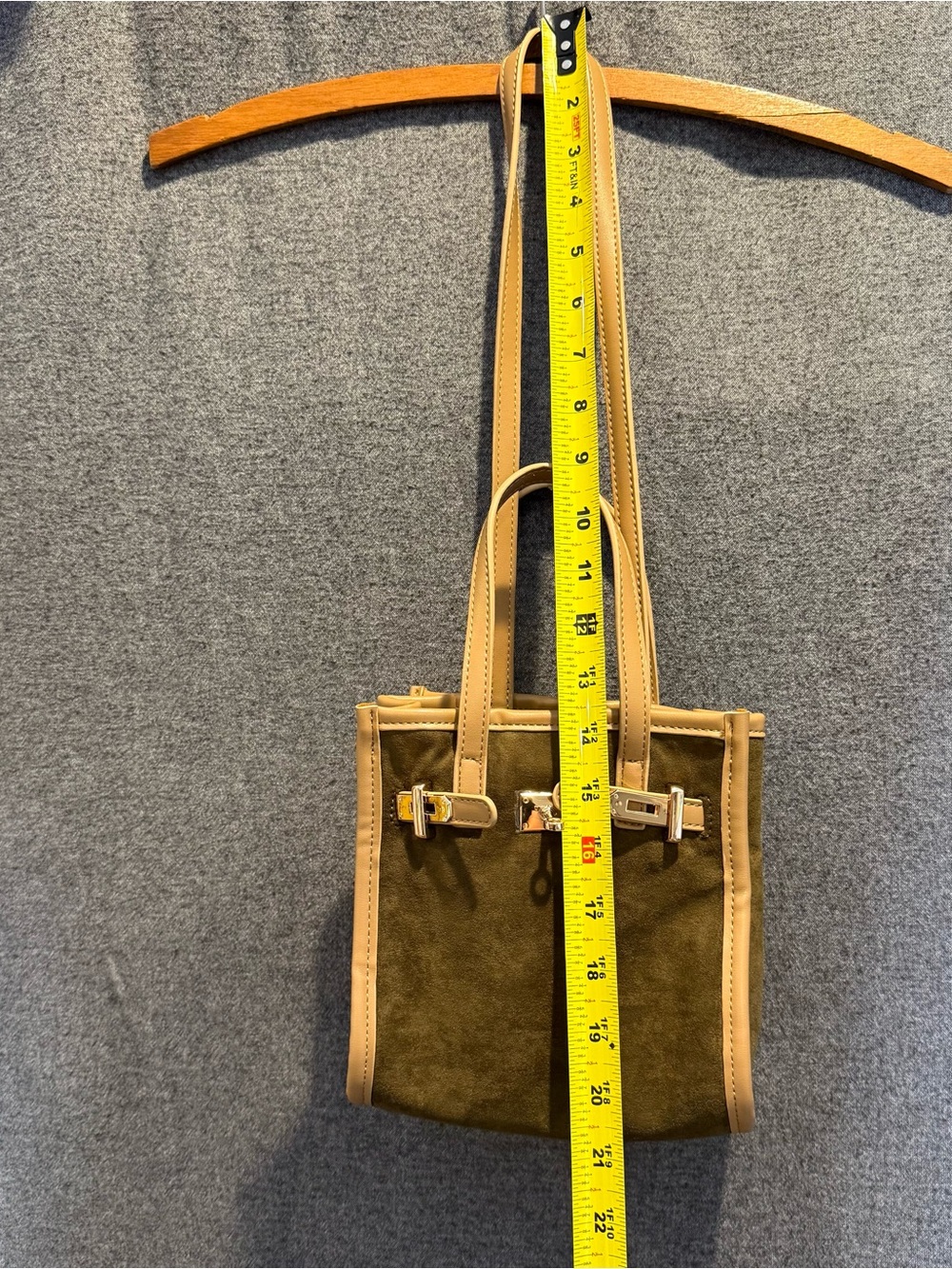 NWT Remi and Reid Green/Tan Faux Suede and Faux Leather Mini Tote and Crossbody - Picture 14 of 16
